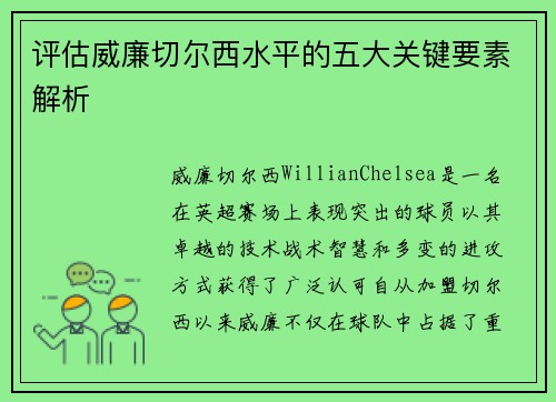 评估威廉切尔西水平的五大关键要素解析