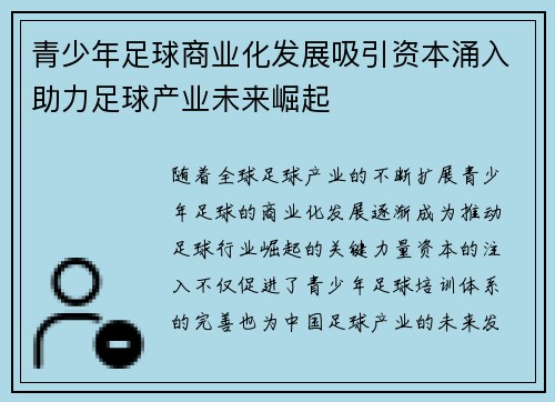 青少年足球商业化发展吸引资本涌入助力足球产业未来崛起