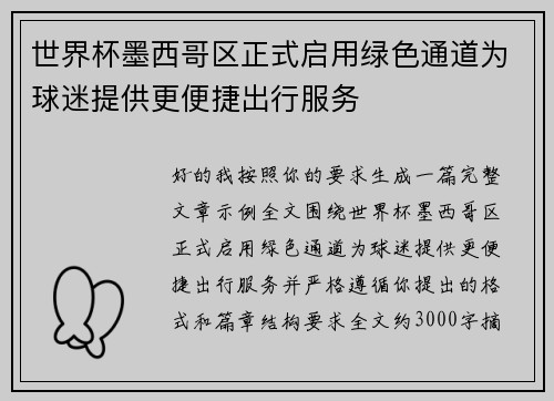世界杯墨西哥区正式启用绿色通道为球迷提供更便捷出行服务
